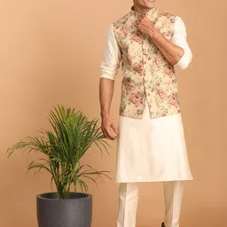 VASTRAMAY Mandarin Collar Kurta with Pyjamas & Nehru Jacket-image-53