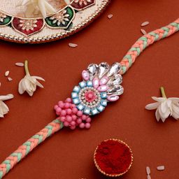 ADIVA Cubic Zirconia Studded & Beaded Thread Rakhi With Roli Chawal Chandan Mishri & Card-image-96