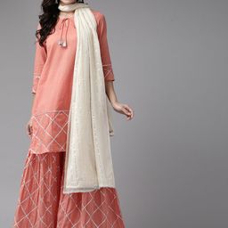 anayna Women Peach-Coloured & Silver Striped Kurta with Sharara & Dupatta-57