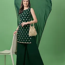 PARROT CREATION Geometric Embroidered Georgette Straight Kurti With Palazzo & Dupatta-picture-2