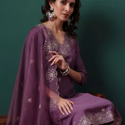 Royal Export Floral Embroidered Thread Work Kurta With Trousers & Dupatta-picture-26