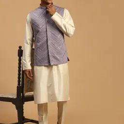 VASTRAMAY Kurta & Trousers with Mirror Work Nehru Jacket-image-49