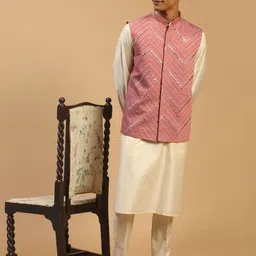 VASTRAMAY Straight Kurta With Pyjamas & Mirror Work Nehru Jacket-31