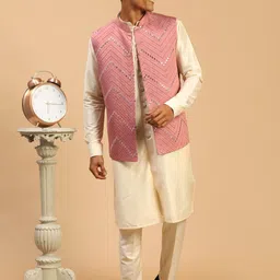 SHRESTHA BY VASTRAMAY Men Embroidered Mirror Work Jacket With Front Open Kurta & Trousers-16