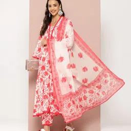 PARTHVI Floral Printed Thread Work Pure Cotton Kurta With Trousers & Dupatta-picture-12