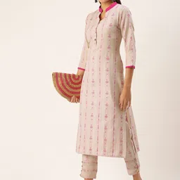 Saanjh Women Beige Woven Design Pure Cotton Kurta with Trousers-picture-1