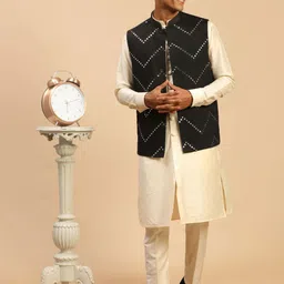 SHRESTHA BY VASTRAMAY Men Solid Kurta & Trousers with Embroidered Mirror Work Jacket-19