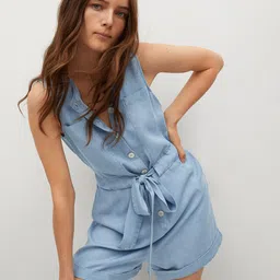 MANGO Blue Solid Gathered Pockets Cotton Playsuit with Waist Tie-up-image-88