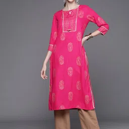 Varanga Women Fuchsia Pink & Golden Ethnic Motifs Printed Block Print Kurta-22