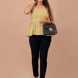 LIVING ROOTS Floral Block Printed Shoulder Straps Gathered or Pleated Cotton Peplum Top-11