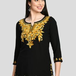 QAZMI Floral Aari Embroidered Three-Quarter Sleeves Straight Kurti-image-83