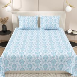 Myntra Elegant Homes Turquoise Blue & White Ethnic Motifs 220 TC King Bedsheet with 2 Pillow Covers-image-71