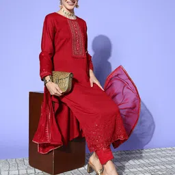 Sangria Floral Embroidered Regular Sequinned Kurta with Trousers & With Dupatta-18