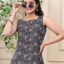 WILL BOTTOM Floral Printed Round Neck Sleeveless Cotton Kantha Straight Kurta-picture-12