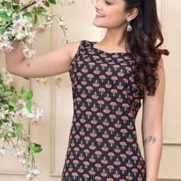 WILL BOTTOM Floral Printed Round Neck Sleeveless Cotton Kantha Straight Kurta-picture-35