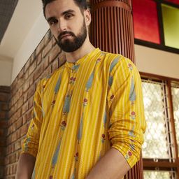 Anouk Men Mustard Yellow & Off-White Printed Pure Cotton Kurta with Trousers-22