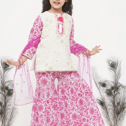 Little Bansi Girls White Floral Embroidered Pure Cotton Kurta with Sharara & With Dupatta-picture-35