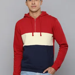 Flying Machine Men Red Colourblocked Hooded Pure Cotton Sweatshirt-image-16
