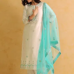 House of Pataudi Geometric Embroidered Mirror Work Straight Kurta Trousers With Dupatta-picture-47