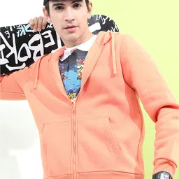 HIGHLANDER Men Peach-Coloured Hooded Front Open Sweatshirt-4