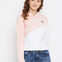 JUMP USA Women Pink & White Colourblocked Hooded Sweatshirt-image-17