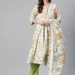 Yuris Floral Printed Pleated Sequinned Pure Cotton Kurta with Trousers & Dupatta-image-3