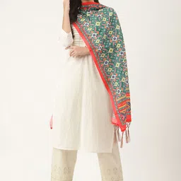 VAABA Teal & Multicoloured Ethnic Motifs Printed Dupatta-0