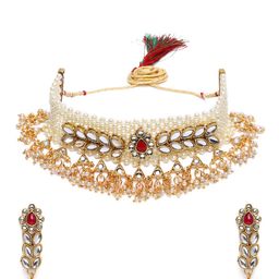Zaveri Pearls Off-White Gold-Plated Kundan Traditional Faux Pearl Patta Jewellery Set-image-82