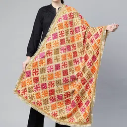SWI Stylish Ethnic Motifs Embroidered Phulkari Chiffon Dupatta with Mirror Work-picture-23