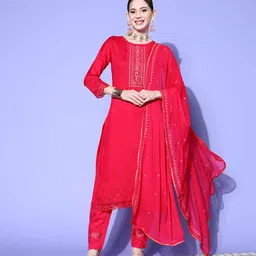 Sangria Floral Embroidered Regular Sequinned Kurta with Trousers & With Dupatta-54