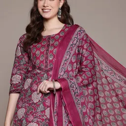 Readiprint Fashions Floral Printed Aari Work Pure Cotton Kurta with Palazzos &  Dupatta-picture-58