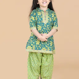 ADIVA Girls Green Floral Printed Gotta Patti Pure Cotton Kurti with Dhoti Pants-image-6