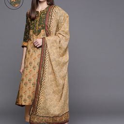 Biba Women Khaki Floral Printed Regular Pure Cotton Kurta with Palazzos & With Dupatta-31