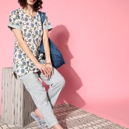 MBeautiful Women White & Blue Floral Print Organic Cotton Pyjamas Set-image-10