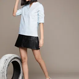 Roadster Mandarin Collar Roll-Up Sleeves Pure Cotton Shirt Style Top-image-43