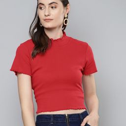 SASSAFRAS Maroon Pure Cotton Fitted Crop Top With Lettuce Edge-image-58