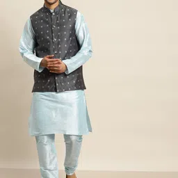 SOJANYA Men Turquoise Blue Kurta with Churidar & Nehru Jacket-picture-28