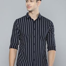 HIGHLANDER Men Navy Blue & White Slim Fit Striped Pure Cotton Casual Shirt-picture-41