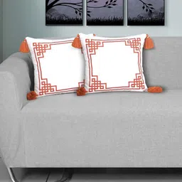 Ode & Cleo Off White & Rust Embroidered Pure Cotton Square Cushion Cover-9