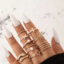 Shining Diva Fashion Pack Of 9 Gold-Plated Pearls Studded Finger Rings-18