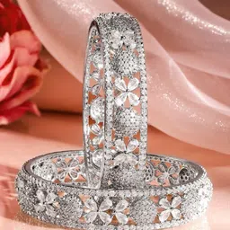 Rubans Set of 2 Rhodium-Plated AAA Cubic Zirconia Studded Floral Design Bangles-image-71