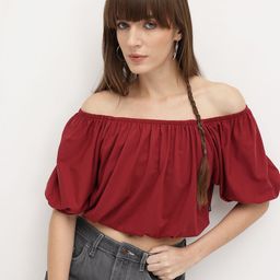 The Roadster Life Co. Gathered Detail Ruched Effect Puff Sleeves Crop Blouson Top-picture-29