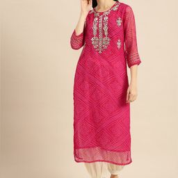 Varanga Pink Bandhej Gotta Patti Embroidery Yoke Sequin Straight Kurta-image-1