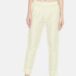 Go Colors Women Cream-Coloured Tapered Fit Solid Regular Trousers-picture-4