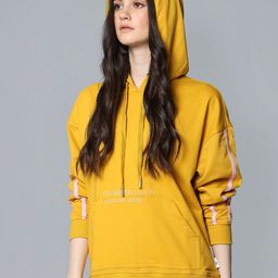 Flying Machine Women Mustard Yellow Printed Hooded Pullover Sweatshirt-image-4