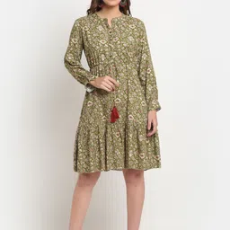 KALINI Band Collar Floral Printed Fit and Flare Dress-image-52