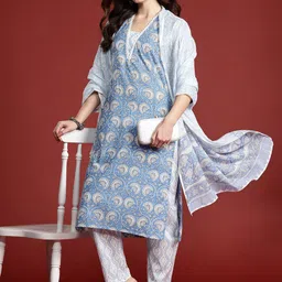 Indo Era Floral Printed Pure Cotton Kurta with Trousers & With Dupatta-image-98