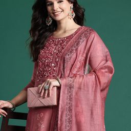 Indo Era Women Floral Embroidered Thread Work Chanderi Silk Kurta Set-30