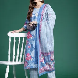 Indo Era Floral Printed Pure Cotton Kurta With Trousers & Dupatta-picture-10