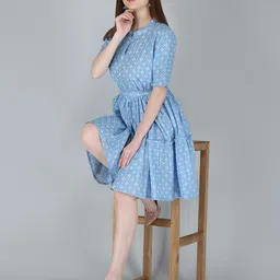 Anouk Rustic Ethnic Motifs Printed Mandarin Collar Pure Cotton Fit & Flare Mini Dress-image-12
